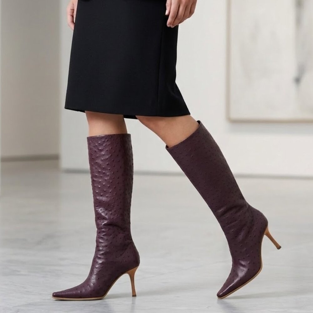 Vicini Burgundy Ostrich Embossed Knee-High Boots Size 39